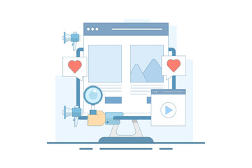 Website Marketing Concept, Digital marketing strategy, Promoting website in search engines and social media, SEO, Social media marketing, flat vector illustration on background.