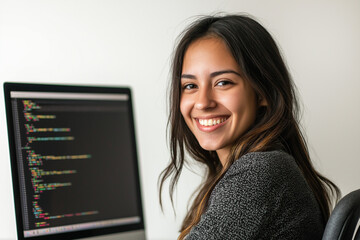 Smiling Woman Coder at Computer Software Development Programming