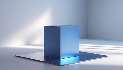 Wall Mural - Minimalist Blue Cube on Reflective Surface, Modern Product Display Mockup