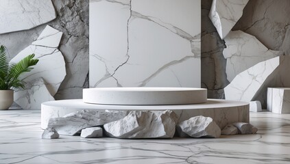 Wall Mural - Minimalist White Marble Podium on a Rough Stone Background