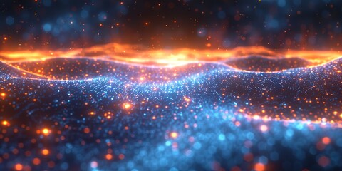 a futuristic background with an explosion of orange and blue lights, creating a dynamic effect.
