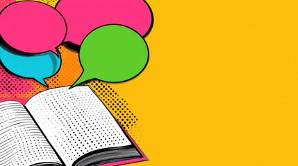 Wall Mural - Open book with colorful speech bubbles on vibrant yellow background