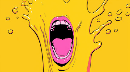 Wall Mural - vibrant pop art scene featuring large mouth screaming with yellow splashes around it, conveying strong emotion and energy