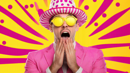 Wall Mural - humorous pop art scene featuring surprised man pink striped suit, yellow sunglasses, and polka dot h