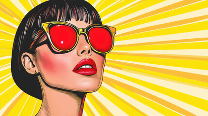 Wall Mural - Bold pop art portrait of woman with red sunglasses and vibrant background