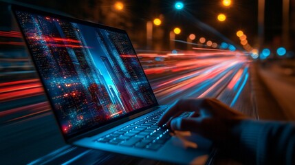 Wall Mural - night city, laptop, data, hand, typing, traffic, speed, glow, futuristic, work