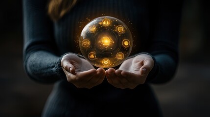 Woman holding holographic sphere with icons, futuristic concept, possible use technology, innovation
