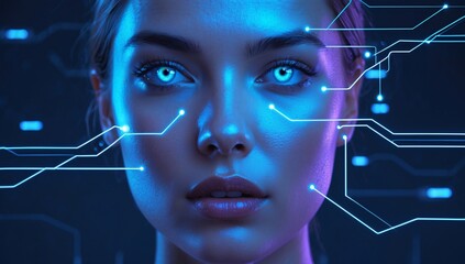 Wall Mural - Close-up Portrait of a Woman with Glowing Blue and Purple Circuitry Lines on Her Face, Futuristic Cyberpunk Concept