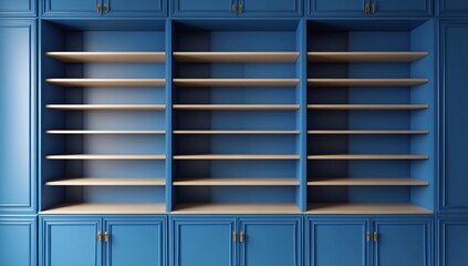 Canvas Print - Elegant Blue Bookcase with Empty Wooden Shelves