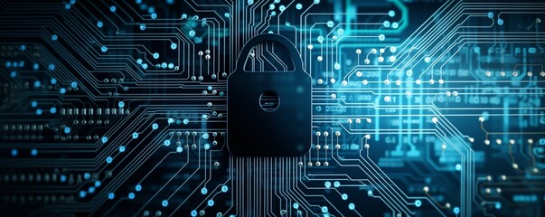 Padlock Embedded in Circuit Board Representing Digital Security. Generative ai