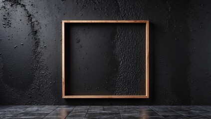 Canvas Print - Empty Wooden Frame against a Dark Textured Wall: Minimalist Mockup