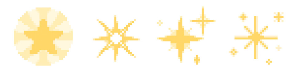 Wall Mural - Pixel art set of golden sparkles and stars in 8-bit retro video game style. Shiny yellow decorative shapes and symbols. Digital assets collection for old school arcade games, mobile apps or web design