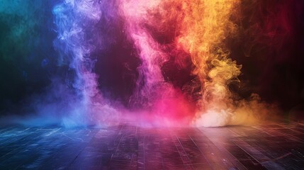 Canvas Print - vibrant swirl of multicolored smoke hovering over a dark floor with misty fog, isolated on a black b