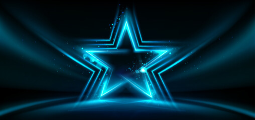 Wall Mural - neon star stage with glowing blue light effects and particles on dark background. luminous geometric