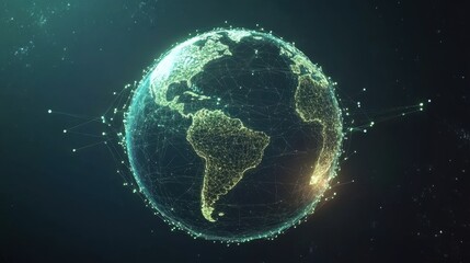 A glowing Earth floating in space, blue and green continents connected by digital network lines