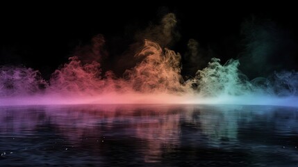 Canvas Print - vibrant swirl of multicolored smoke hovering over a dark floor with misty fog, isolated on a black b