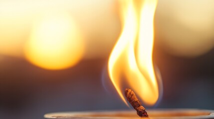 Leinwandbilder - Flame of a Burning Stick in Close Up Against Blurred Sunset Background : Generative AI