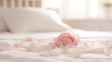 Poster - Delicate Rose Petal Arrangement on Soft Bed with Natural Light : Generative AI