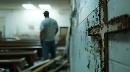 Aufkleber - Eerie Abandoned Church Interior with Rusted Cross and Man Silhouette : Generative AI