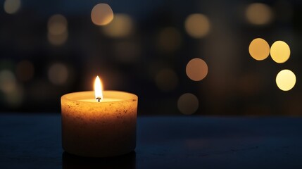 Poster - Candle flame glowing softly in dark ambiance with beautiful bokeh effect in background : Generative AI