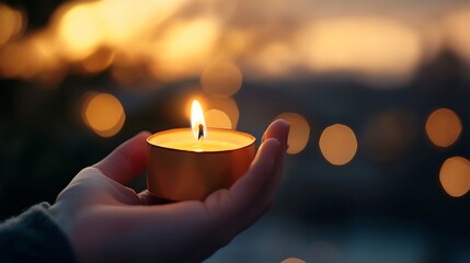Leinwandbilder - Serene hand holding a lit candle at sunset creating a warm ambiance : Generative AI