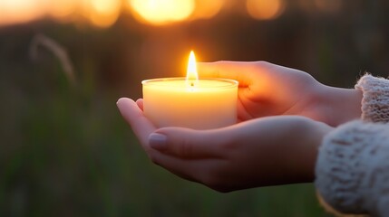 Leinwandbilder - Person holding a lit candle gently in the evening light : Generative AI