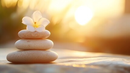 Poster - Stack of Smooth Stones with White Flower on Top Glowing in the Warm Sunset Light : Generative AI