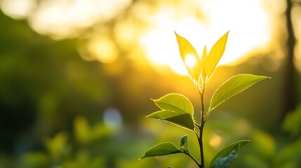 Fototapete - New leaves emerging in golden sunlight during springtime : Generative AI
