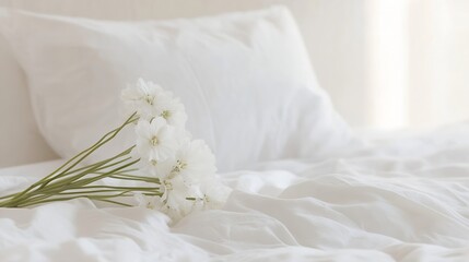 Poster - Relaxing scene of freshly picked white flowers placed elegantly on a soft white blanket in a cozy bedroom : Generative AI