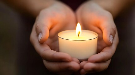 Leinwandbilder - Hands Holding a Lit Candle Creating a Warm and Serene Atmosphere : Generative AI