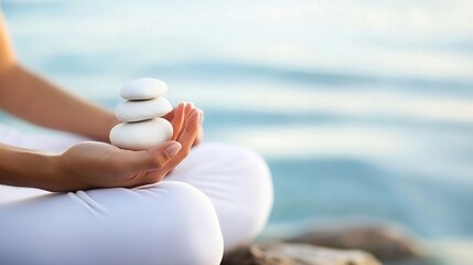 Aufkleber - Hands balancing smooth stones in a meditative pose by the water : Generative AI