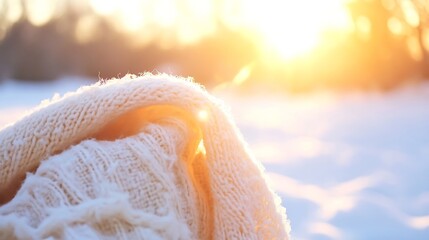 Poster - Warm Cream Knitted Scarf Draped Beautifully Against Blazing Winter Sunset : Generative AI