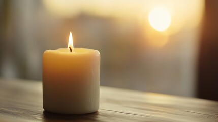 Poster - Warm and Inviting White Candle Glowing Softly with a Beautiful Sunset in the Background : Generative AI