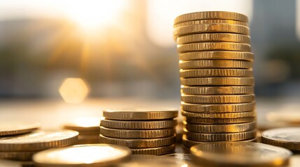 Aufkleber - Closeup of stacked gold coins with soft sunlight creating a rich financial atmosphere : Generative AI