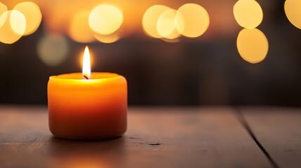 Aufkleber - Glowing orange candle on a wooden table with a dreamy blurred background : Generative AI