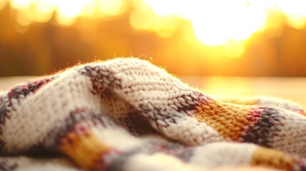 Poster - Bright knitted blanket in warm hues resting on a table under soft golden sunlight : Generative AI