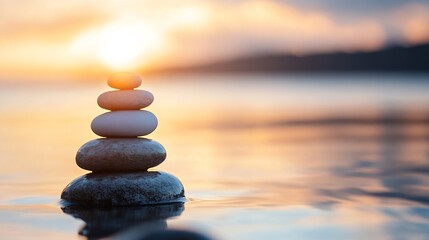 Aufkleber - Balanced Stones Placed Harmoniously at Sunset by the Tranquil Water's Edge : Generative AI