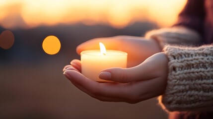 Leinwandbilder - Gentle Hands Holding a Small Candle at Sunset for a Peaceful and Reflective Moment : Generative AI