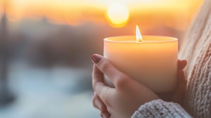 Poster - Person Holding White Candle with Flame Against Bright Sunset Background : Generative AI