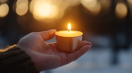 Leinwandbilder - Golden Candle Glowing in Hand with Soft Sunset Glow in the Background : Generative AI