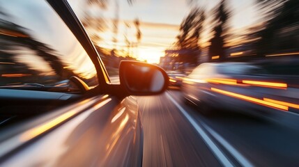 Aufkleber - Dynamic view of a car driving fast with a blurred background during a beautiful sunset : Generative AI