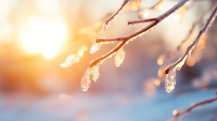 Aufkleber - Beautiful ice covered branches glisten in the soft glow of sunrise creating a magical winter atmosphere : Generative AI