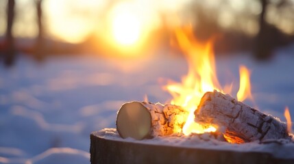 Aufkleber - Warm glowing fire with flames rising in a peaceful outdoor setting during sunset : Generative AI