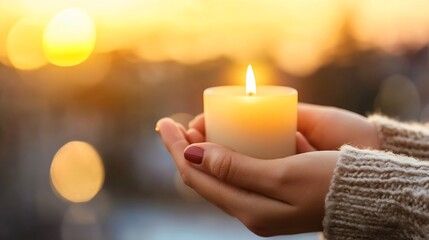 Aufkleber - A tranquil moment with a lit candle held by warm hands against a sunlit backdrop : Generative AI