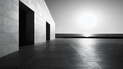 Fototapete - Modern architecture with a stunning sunset view captured in black and white highlighting silhouette of the structure : Generative AI