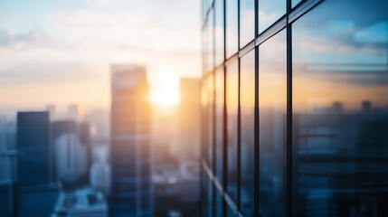 Aufkleber - City skyline at sunset with reflections on glass buildings creating a picturesque view : Generative AI