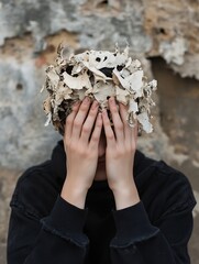 Aufkleber - Conceptual portrait of a person covered in leaves with hands raised to their face set against a rustic background : Generative AI