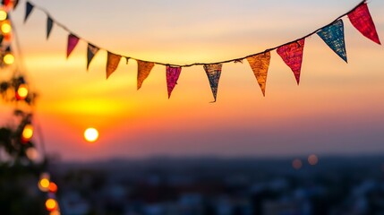 Poster - Colorful bunting flags hanging against vibrant sunset sky background with soft lighting : Generative AI