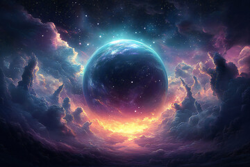cosmic scene featuring a stunning planet with orbiting rocks, rays of light and vibrant colors on de