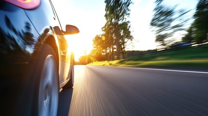 Poster - Dynamic motion blur of a black car driving fast on a smooth road during sunset with trees in the background : Generative AI